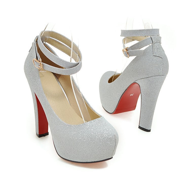Ladies High Heels – Round Toe Platform Pumps with Buckle & Block Heel